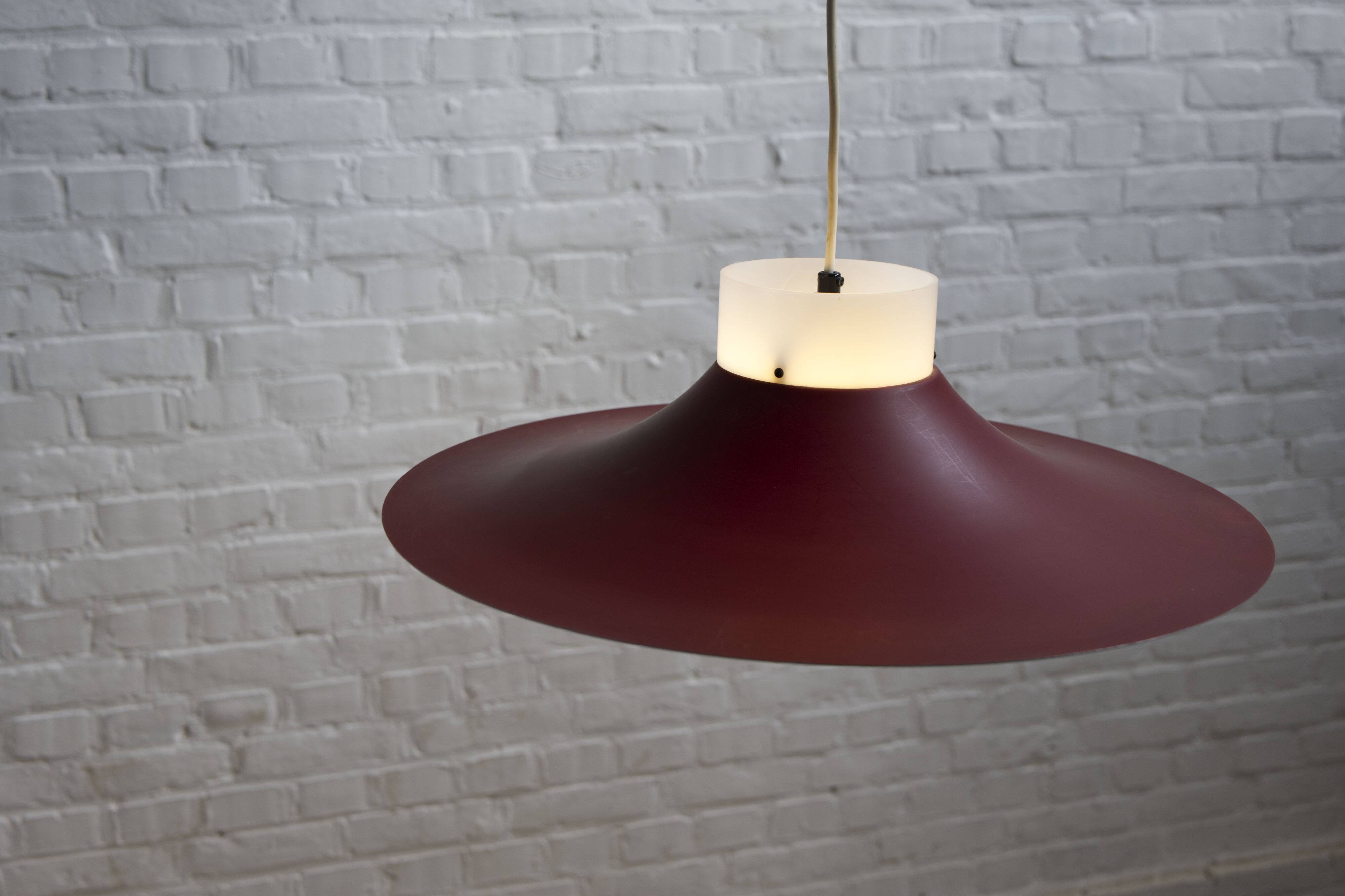 Danish red metal and opal plastic pendant lamp, 1960s