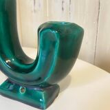 Pair of Art Deco Double Candlesticks in Emerald Green Ceramic - 1950s Vallauris Style