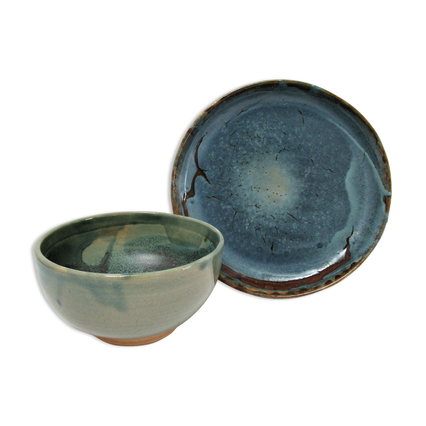 Bowl and round ceramic dish enamelled blue green brown vintage signed vintage