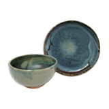 Bowl and round ceramic dish enamelled blue green brown vintage signed vintage