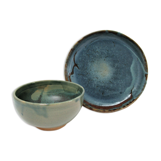 Bowl and round ceramic dish enamelled blue green brown vintage signed vintage