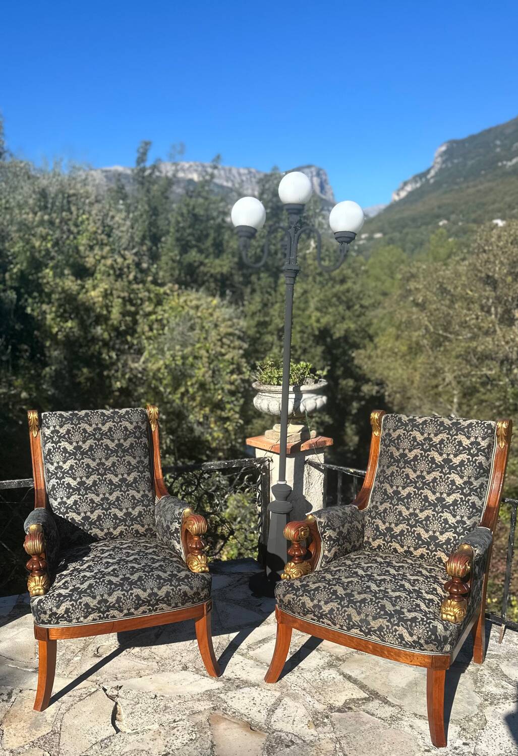 Pair of Mahogany Bergère Armchairs with Chimera Motifs, 19th Century