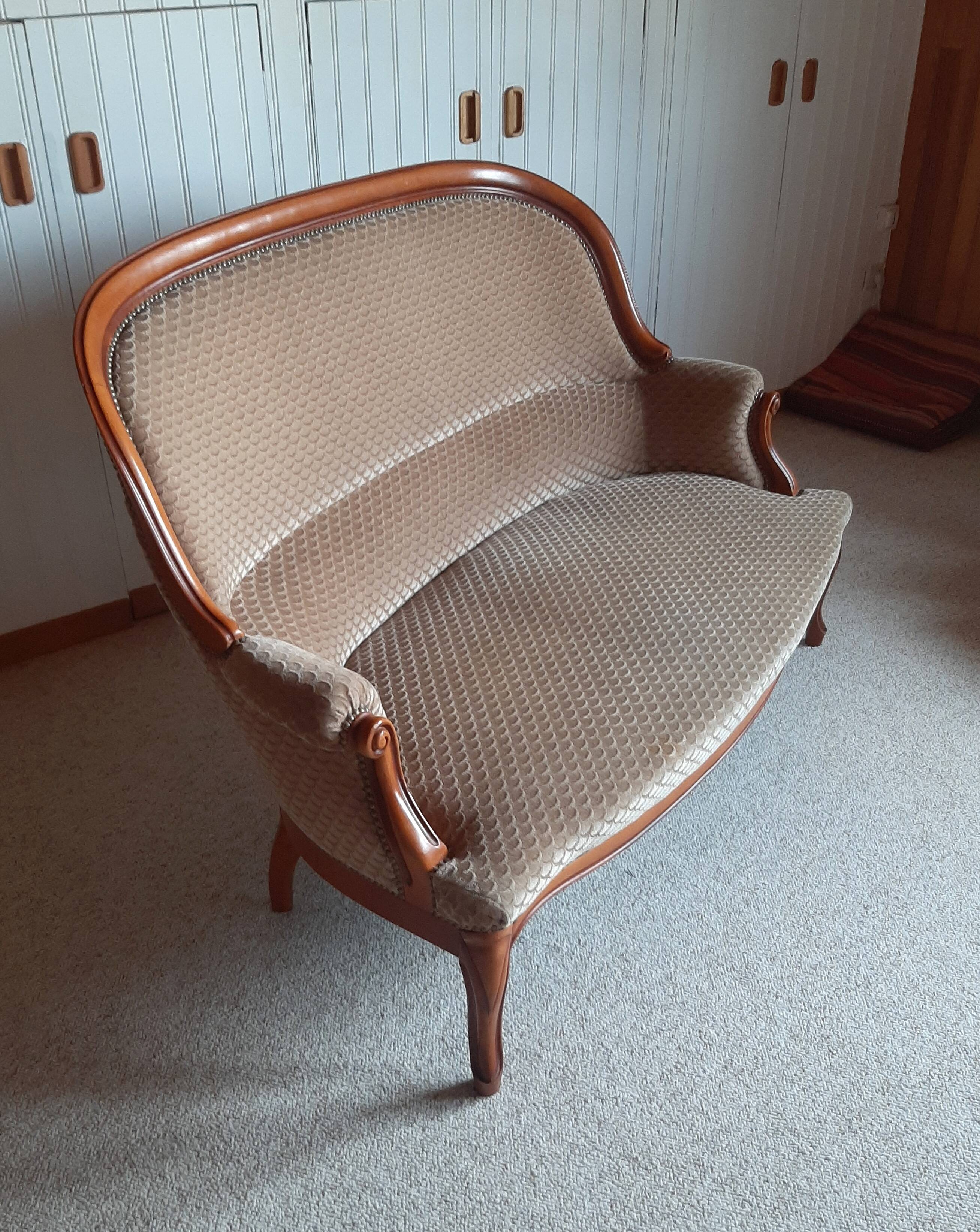 2-seater Louis XV style sofa - arched legs - Art Deco patterned velvet fabric - Beige