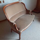 2-seater Louis XV style sofa - arched legs - Art Deco patterned velvet fabric - Beige