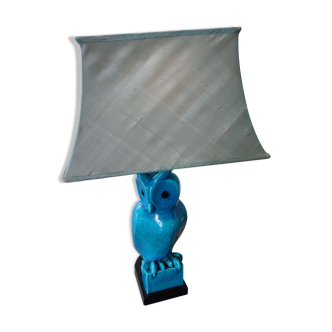 Owl lamp in turquoise cracked earthenware