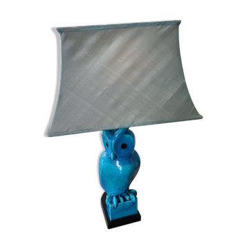 Turquoise cracked earthenware owl lamp