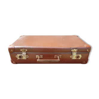 Valise malle de voyage marron avec renforts et anse métal vintage