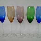 Set of 5 designer champagne flutes in colored glass from the 70s