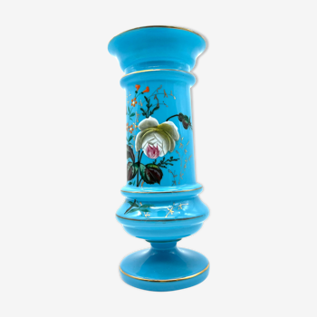 Blue opaline vase decorated with pink and flower