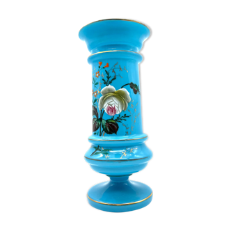 Blue opaline vase decorated with pink and flower