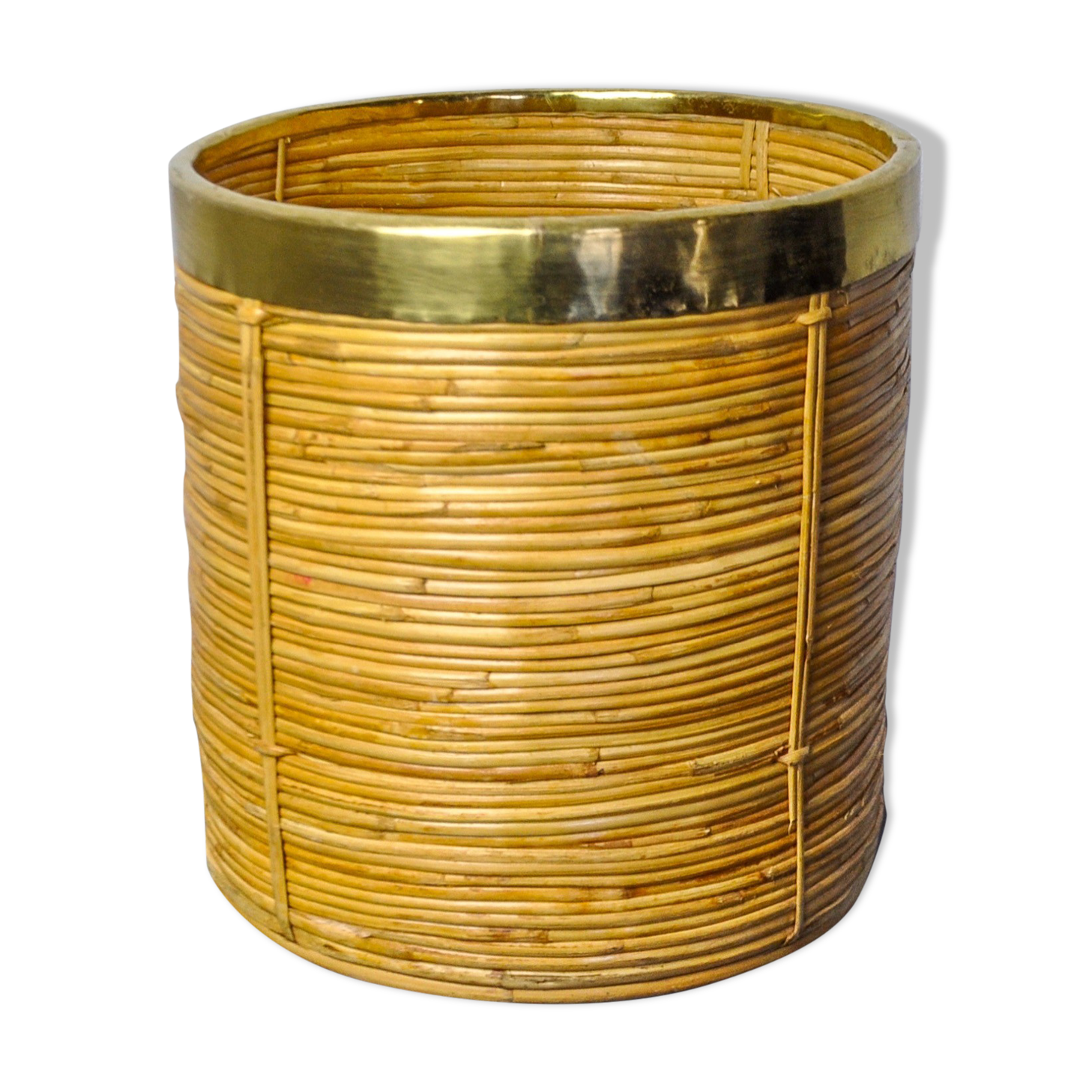 Rattan and brass book basket, Italy, 1970, 25 diam