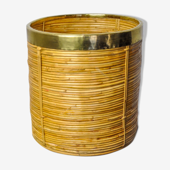 Rattan and brass book basket, Italy, 1970, 25 diam