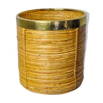 Rattan and brass book basket, Italy, 1970, 25 diam