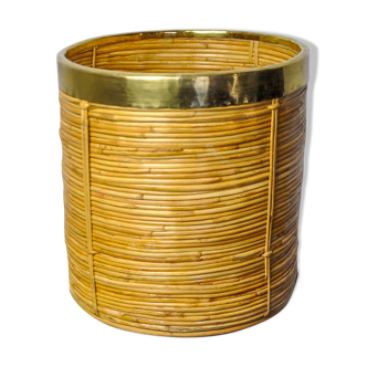 Rattan and brass book basket, Italy, 1970, 25 diam