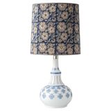Blue and white porcelain table lamp by Lladró with floral shade in new silk.