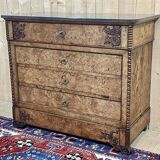 Commode secrétaire du XIXème en loupe d'orme, sapin et dessus marbre noir