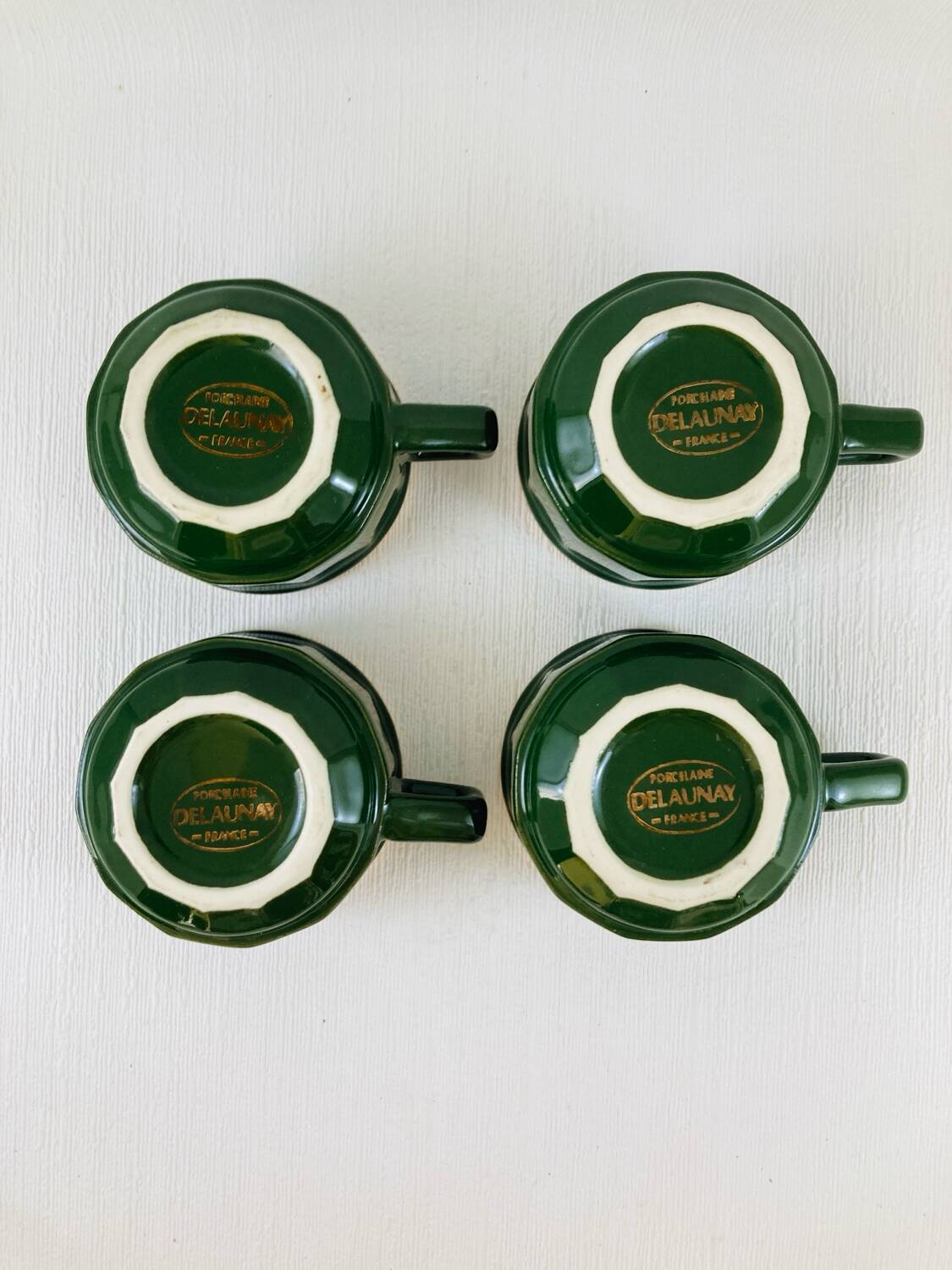 Bistro Coffee Service Cups Saucers and Green Faceted Milk Jug