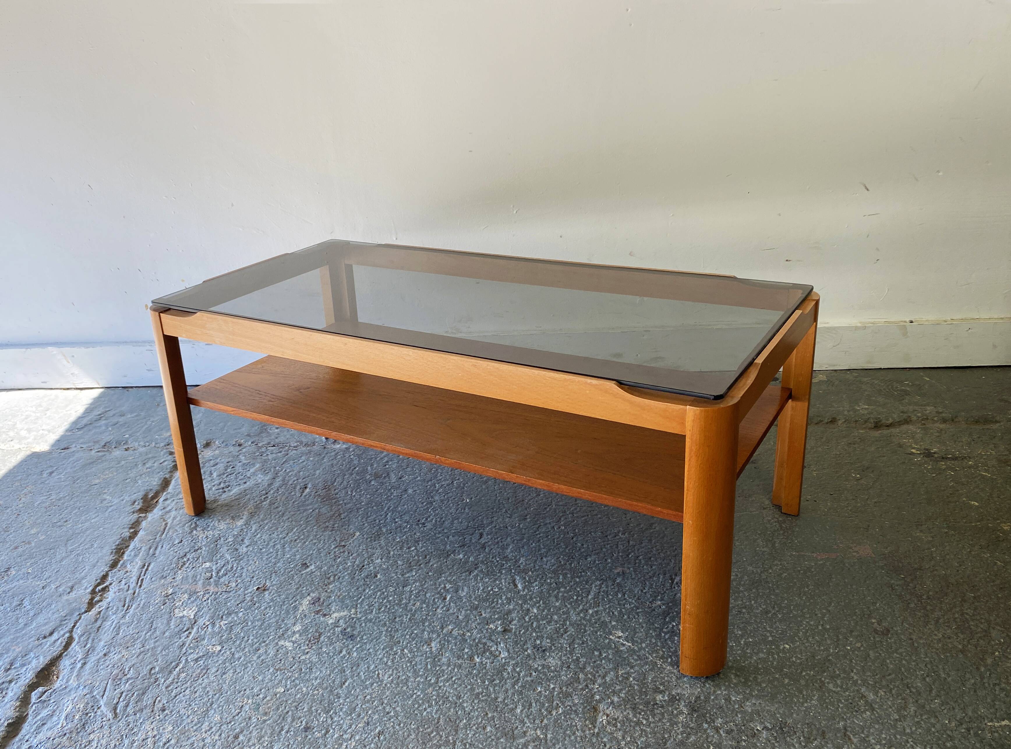 Mid-Century teak coffee table with smoked glass top by Myer