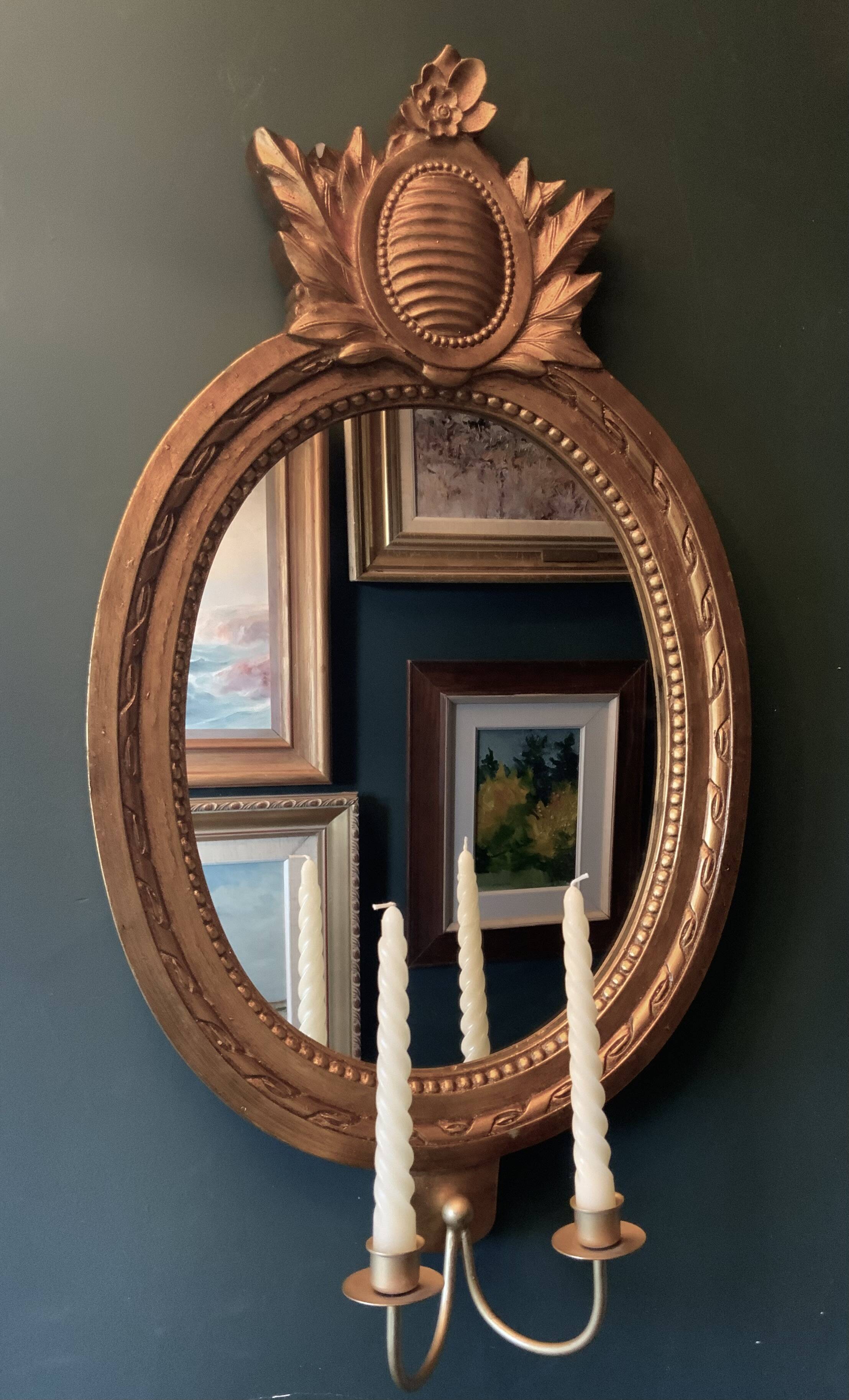 Vintage Swedish Rococo Style Wall Mirror in Gold frame with 2 candle sticks 50s