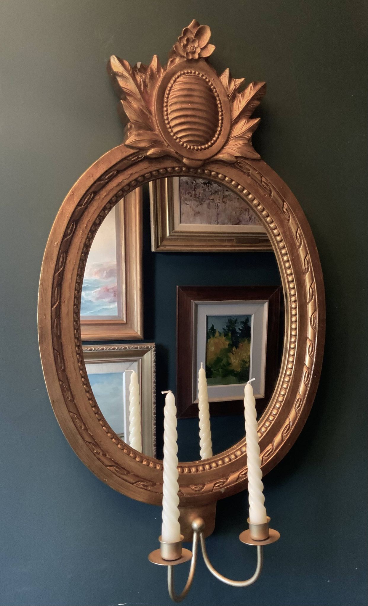 Vintage Swedish Rococo Style Wall Mirror in Gold frame with 2 candle sticks 50s