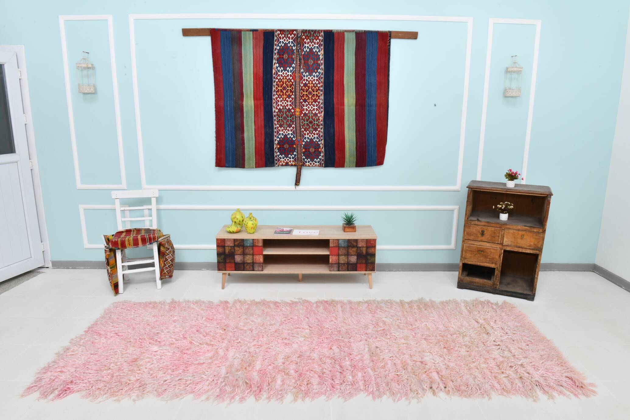 Tapis de couloir turc vintage rose pastel doux 3x10, 110x313 cm SK 70357