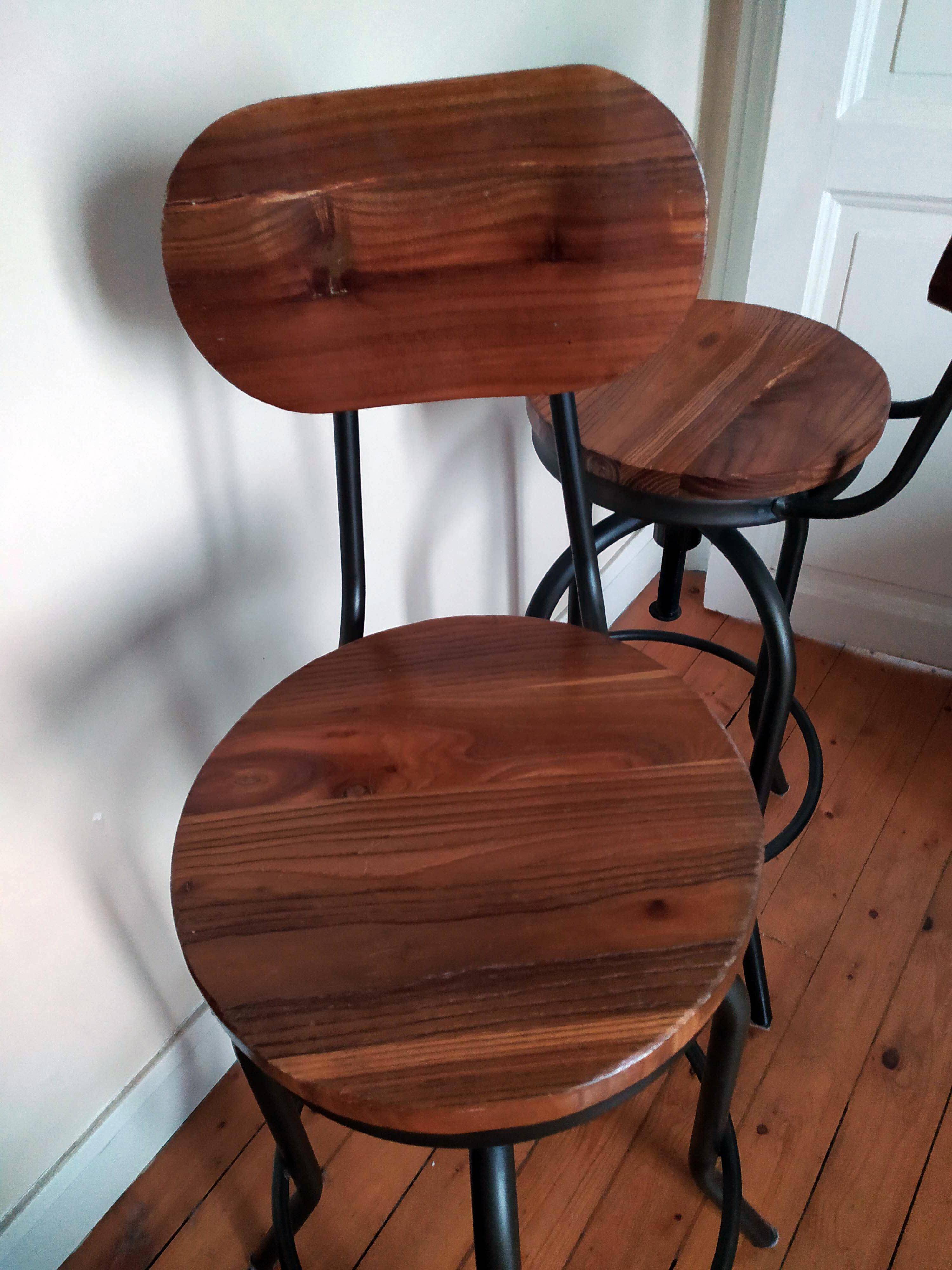 Set of two bar stools in wood and metal, industrial style.