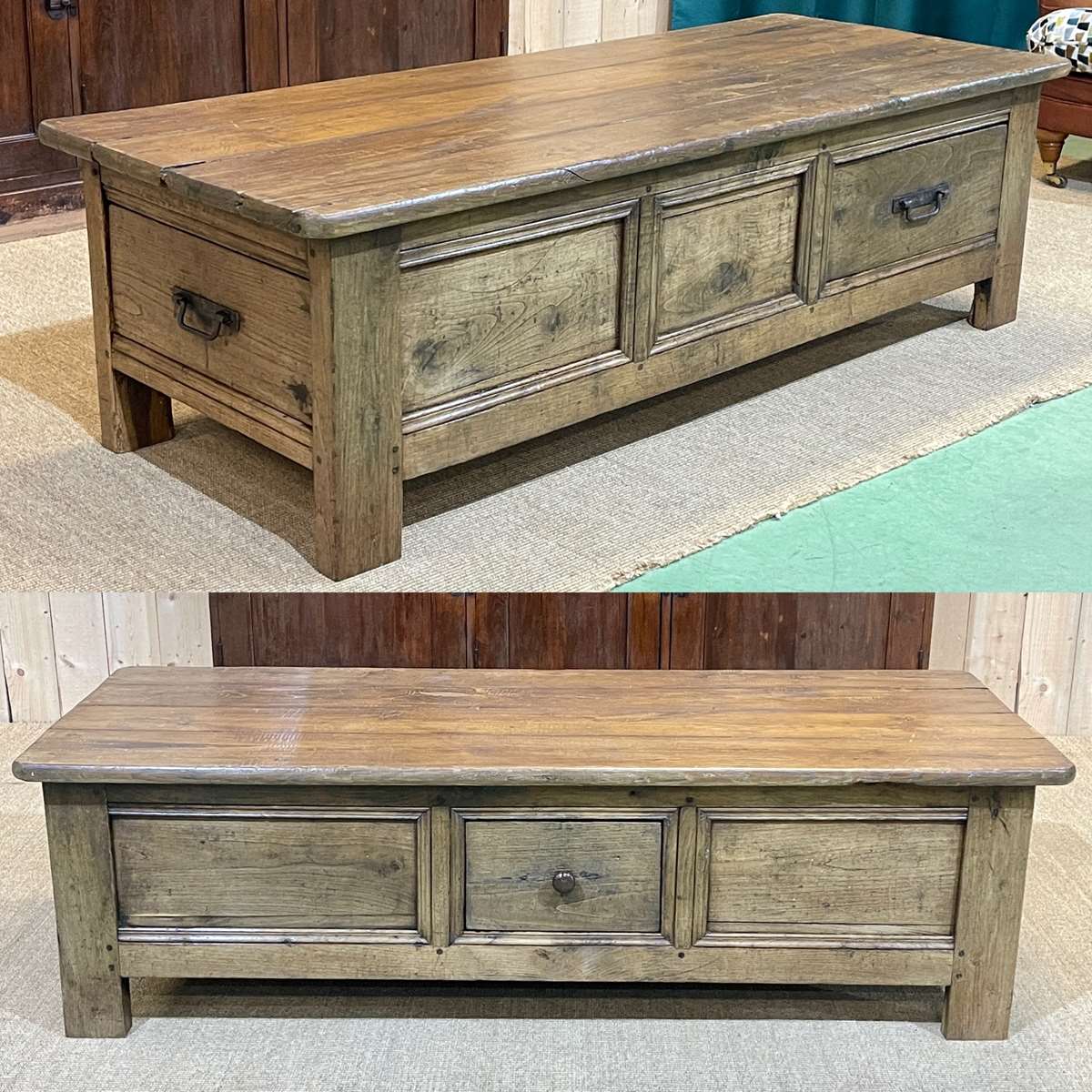 Table basse en châtaignier du XIXème à 3 tiroirs