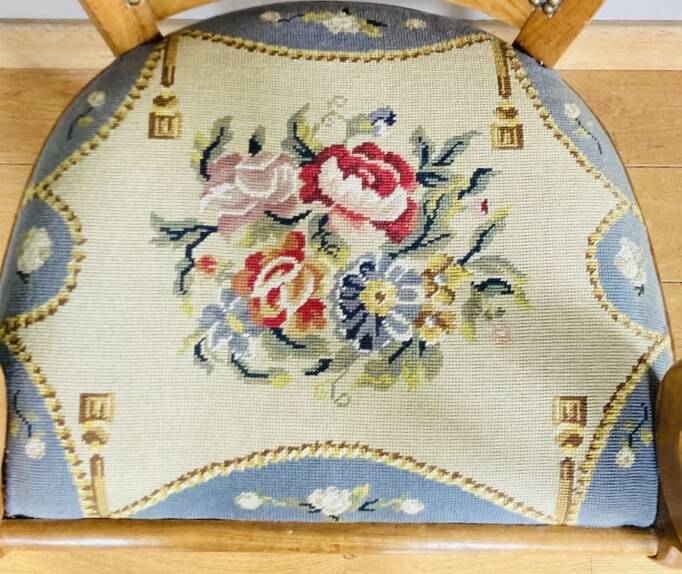 19th century St Empire armchair in pegged blond walnut with cross-stitched tapestries