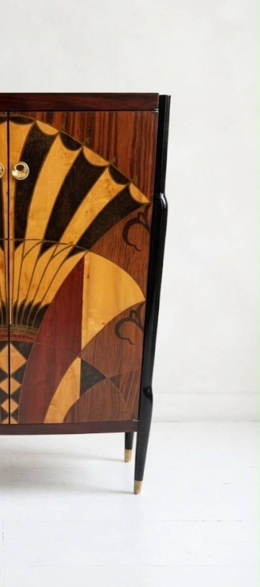 Art Deco cabinet with two doors, marquetry fan pattern in beech wood.
