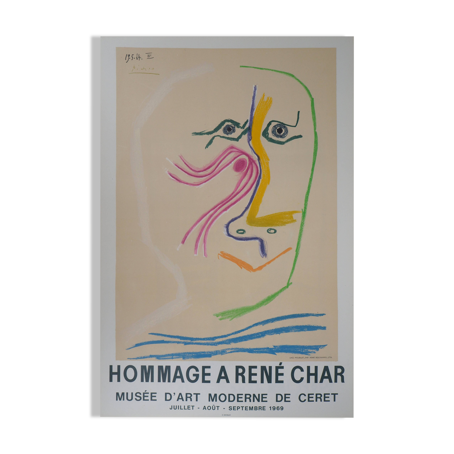 Pablo picasso: homage to rené char - signed lithograph (musée céret, 1969)