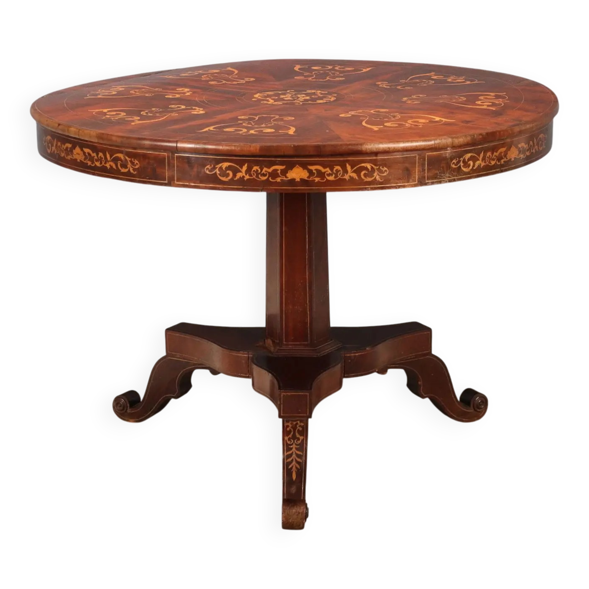 Table ancienne Charles X en acajou marqueté, Italie, XIXe siècle