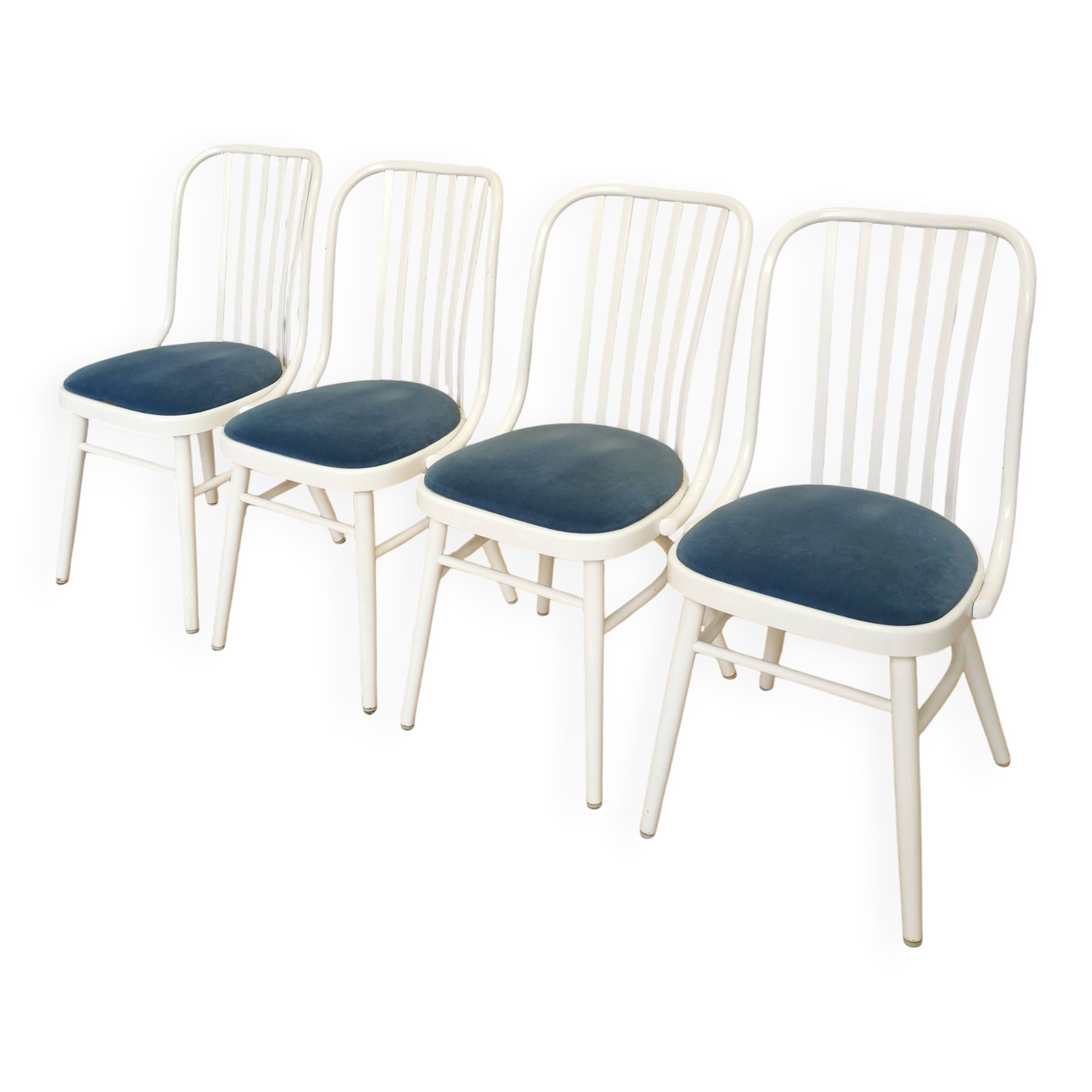 Set of 4 Vintage Bentwood White Dining Chairs in Ligna Style wit Blue Seat