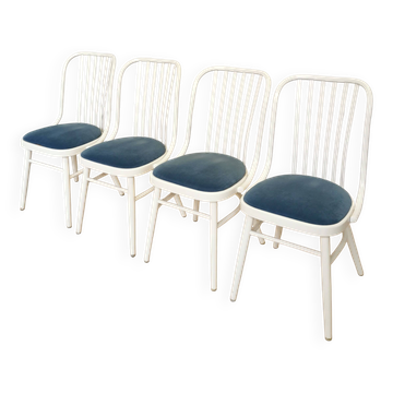 Set of 4 Vintage Bentwood White Dining Chairs in Ligna Style wit Blue Seat