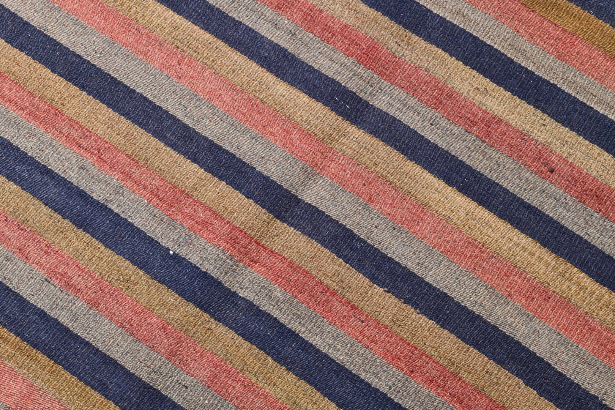 Navy Blue & Terracotta Hand Woven Turkish Striped Kilim Rug, 147x217 Cm