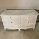 White rattan bedroom set: chest of drawers, mirror, bed, basket