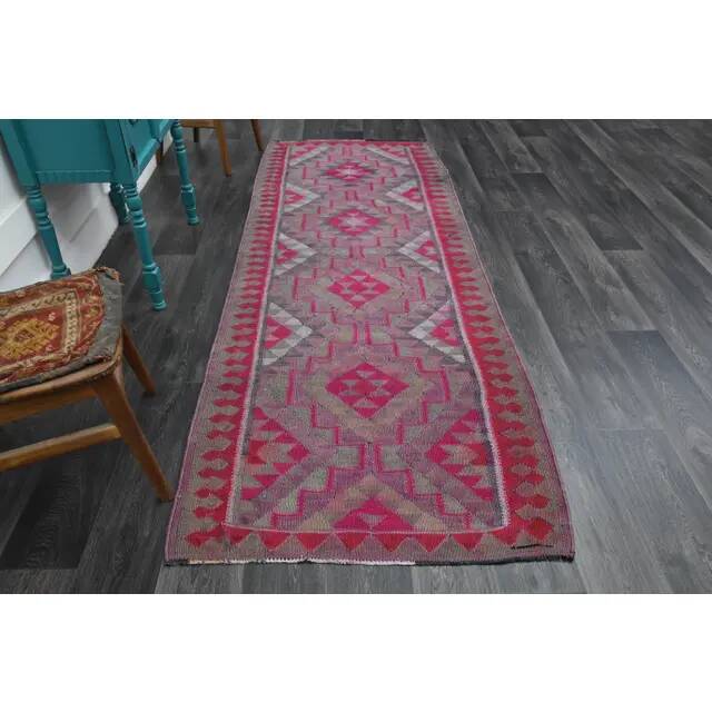1970s Vintage Turkish Oushak Handmade Wool Cotton Purple Runner Rug 108x292