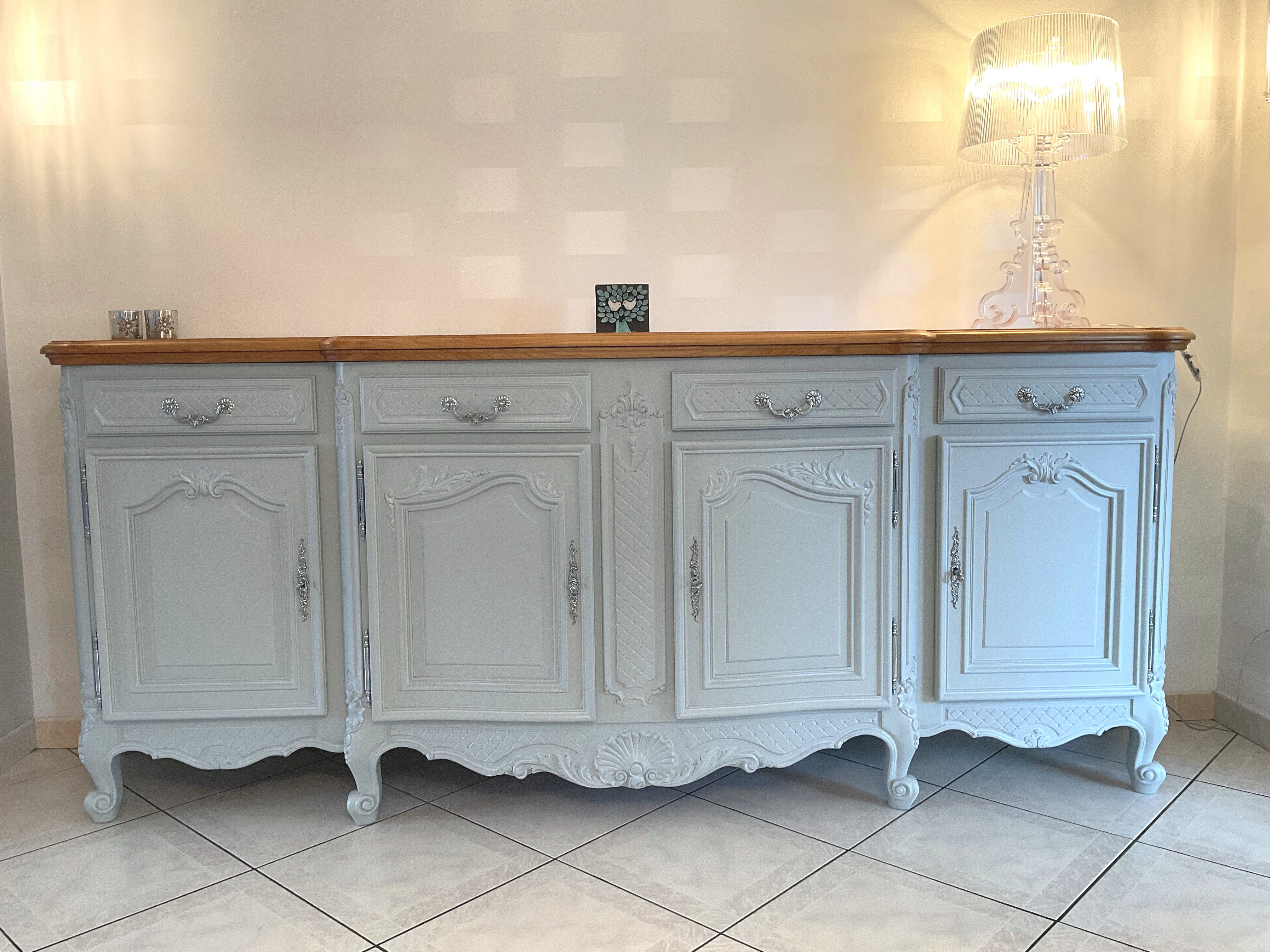 Louis XV buffet in grey patinated solid cherry wood in the Gustavian style.