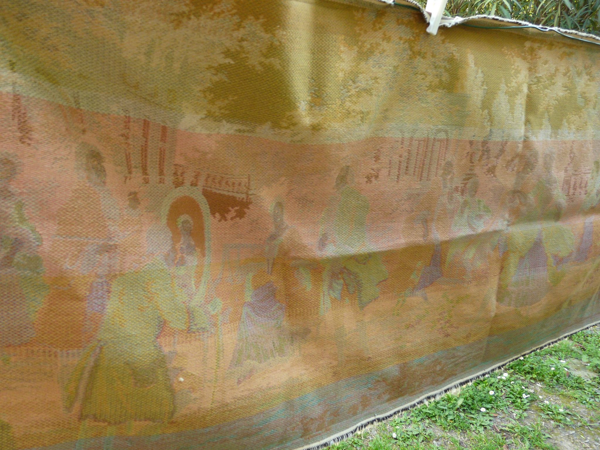 Tapestry wall hanging depicting a gallant scene from the mid-century.