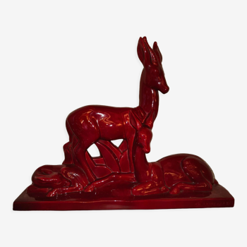 Sculpture en faïence de Saint Clement représentant des antilopes signée Charles Lemanceau