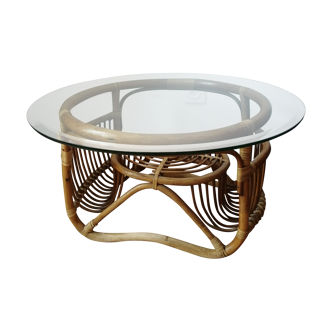 Rattan coffee table and glass 60s/70s