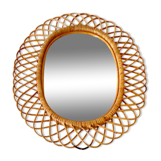 Grand miroir en bambou et rotin à effet de soleil du milieu du siècle, Bonacina, Italie, années 1960