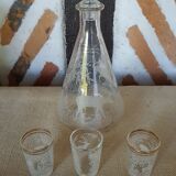Decanter and 3 shot glasses sandblasted glass