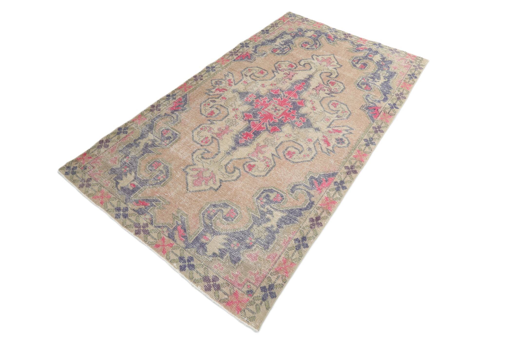 Turkish Cream Pink Oriental Vintage Rug, 121x208Cm