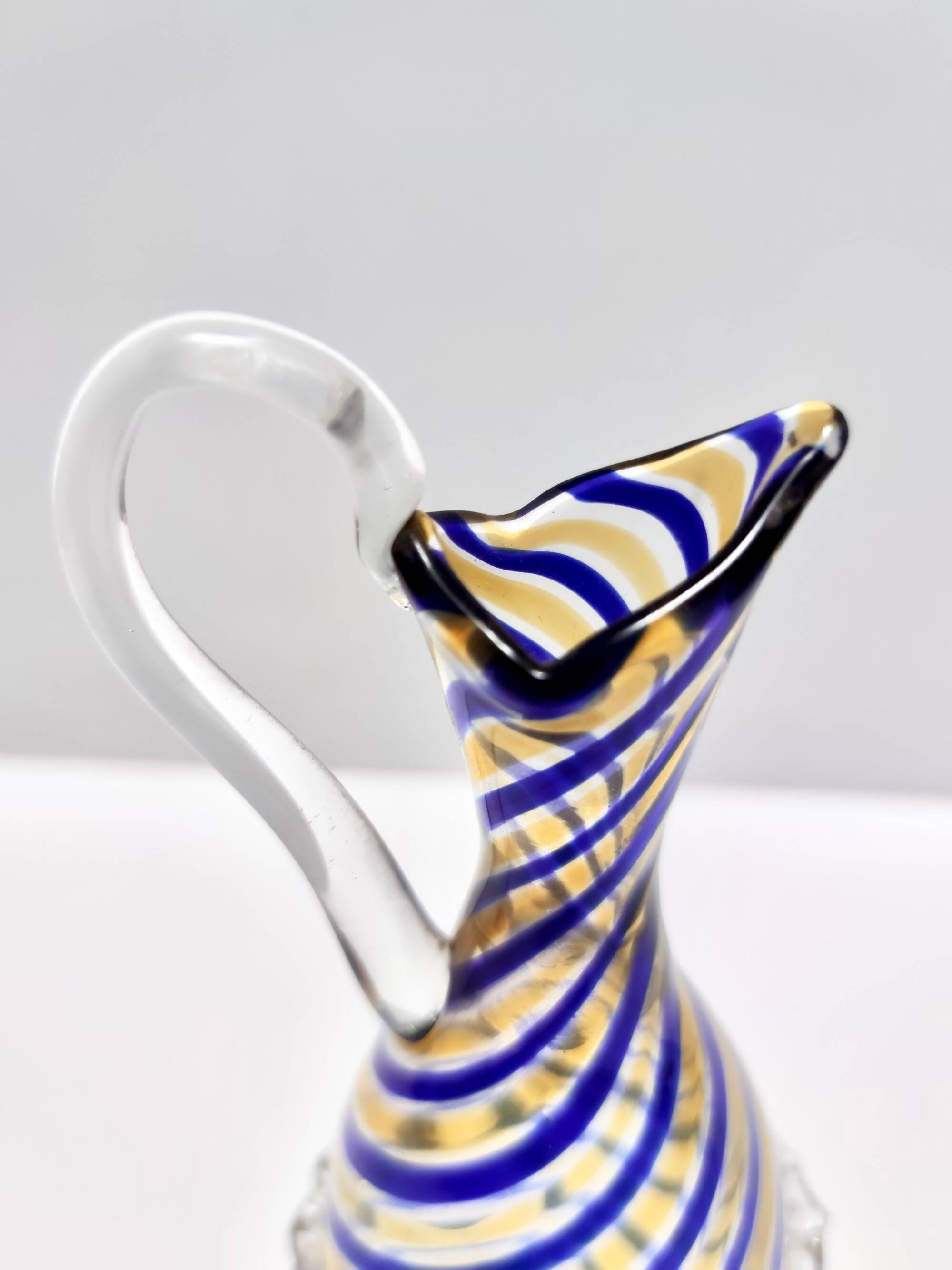 Murano Glass Pitcher Vase Ascribable to Toso with Blue and Yellow Canes