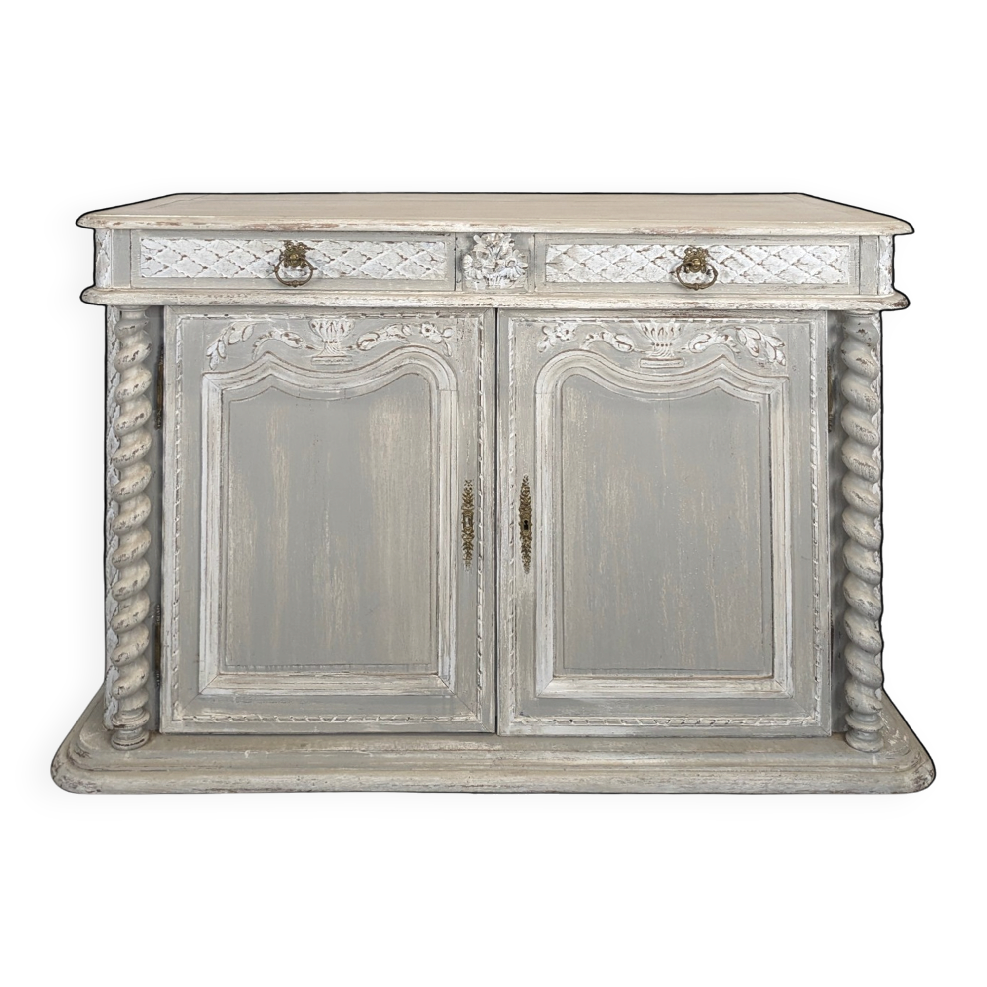 Louis XIII buffet with twisted column in grey patinated oak, two doors, two drawers.
