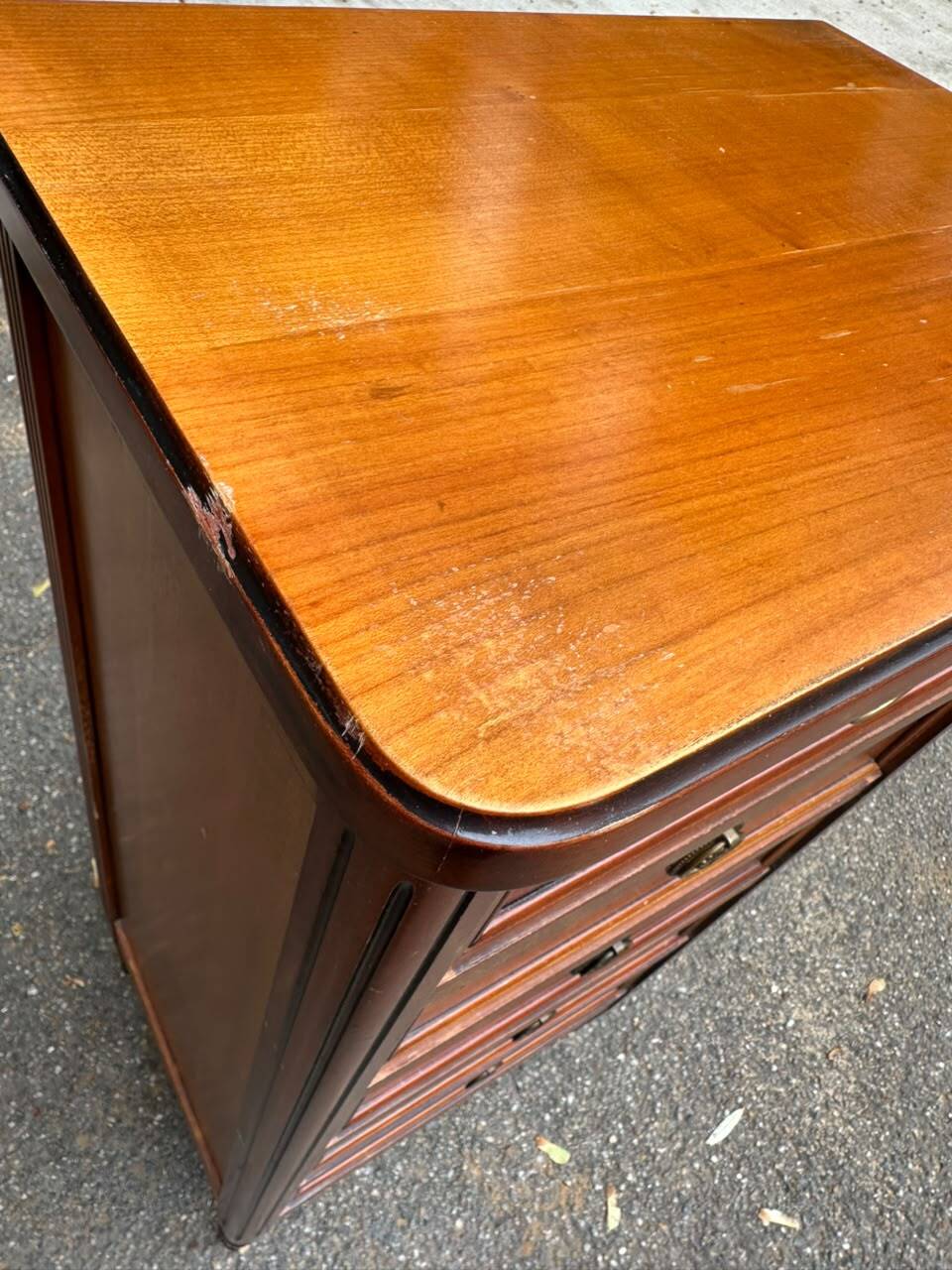 Louis XVI solid cherry wood chest of drawers with 5 drawers, 1980.