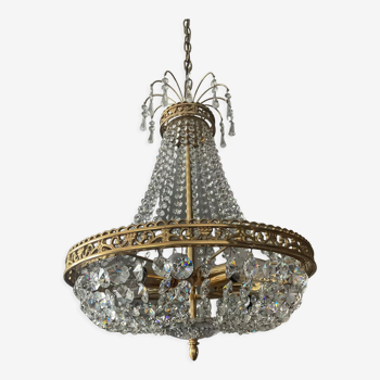 Lustre Montgolfière en bronze et pampilles de cristal