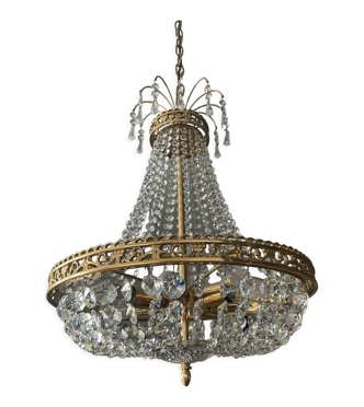 Lustre Montgolfière en bronze et pampilles de cristal