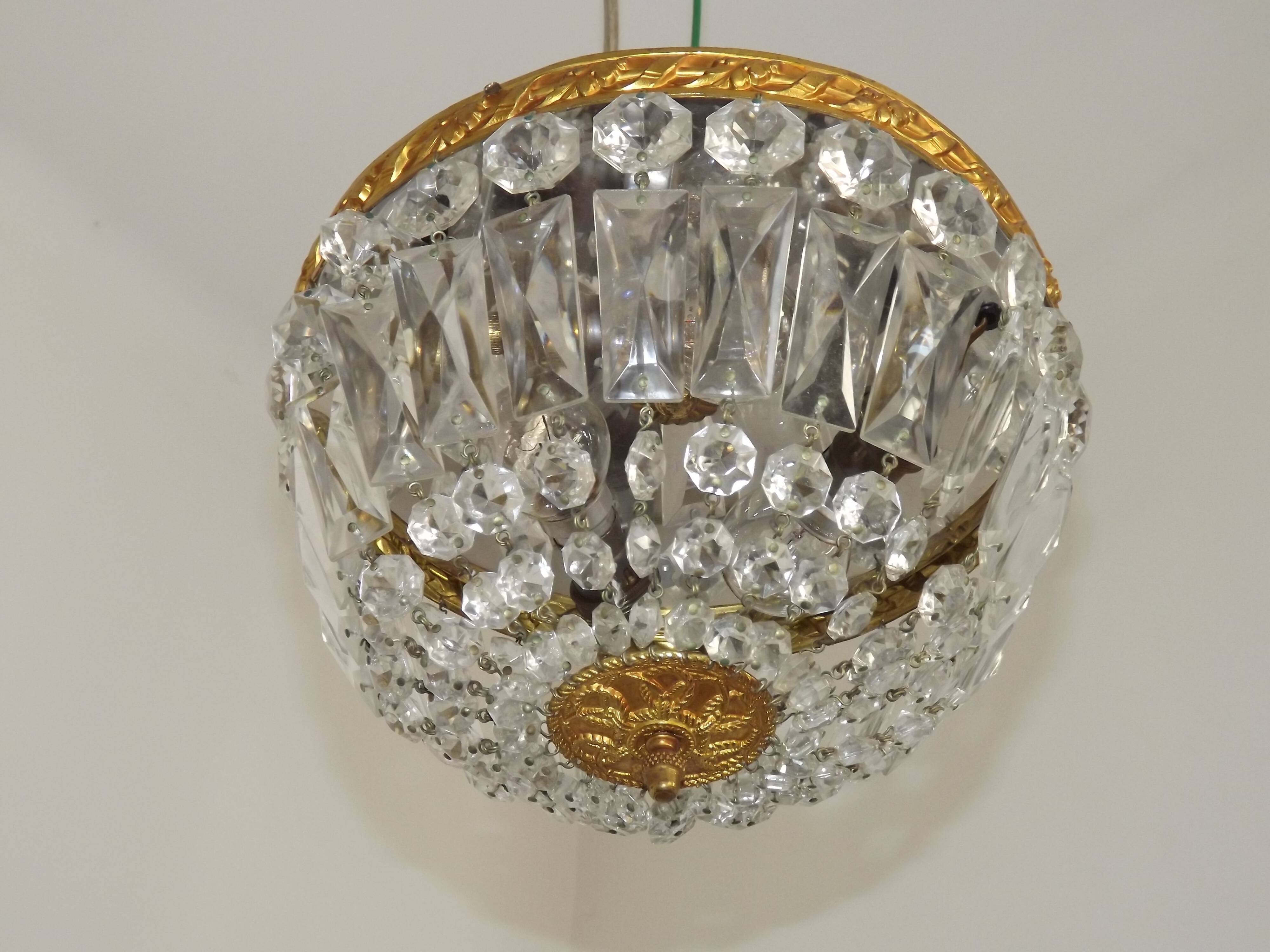 French Mid-Century Bronze and Crystal Bag Light – Flush Mount 5202