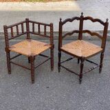 19th-century turned wooden corner chair with rush seating.